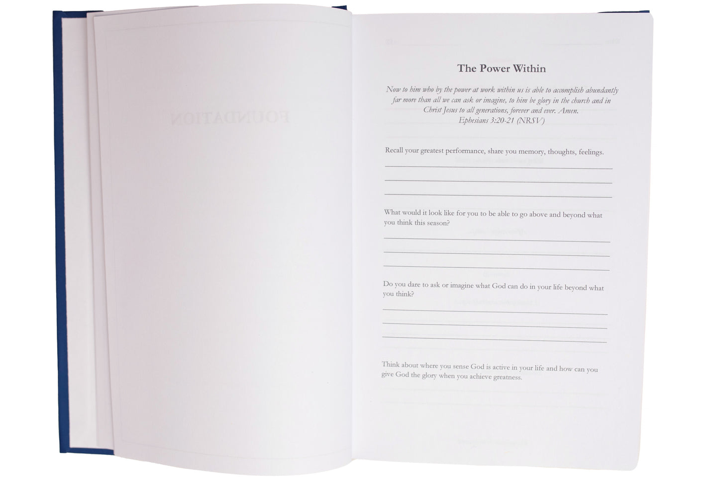 Open book with text on a white background