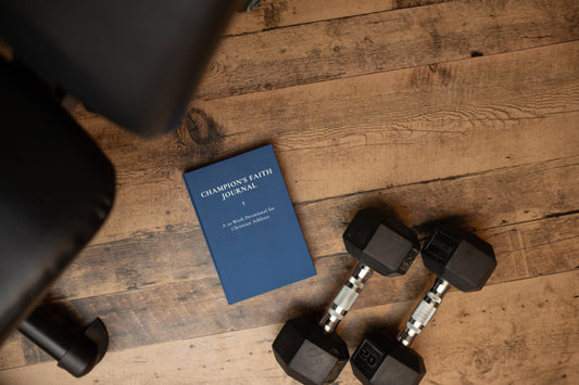 Blue journal and black dumbbells on a wooden floor