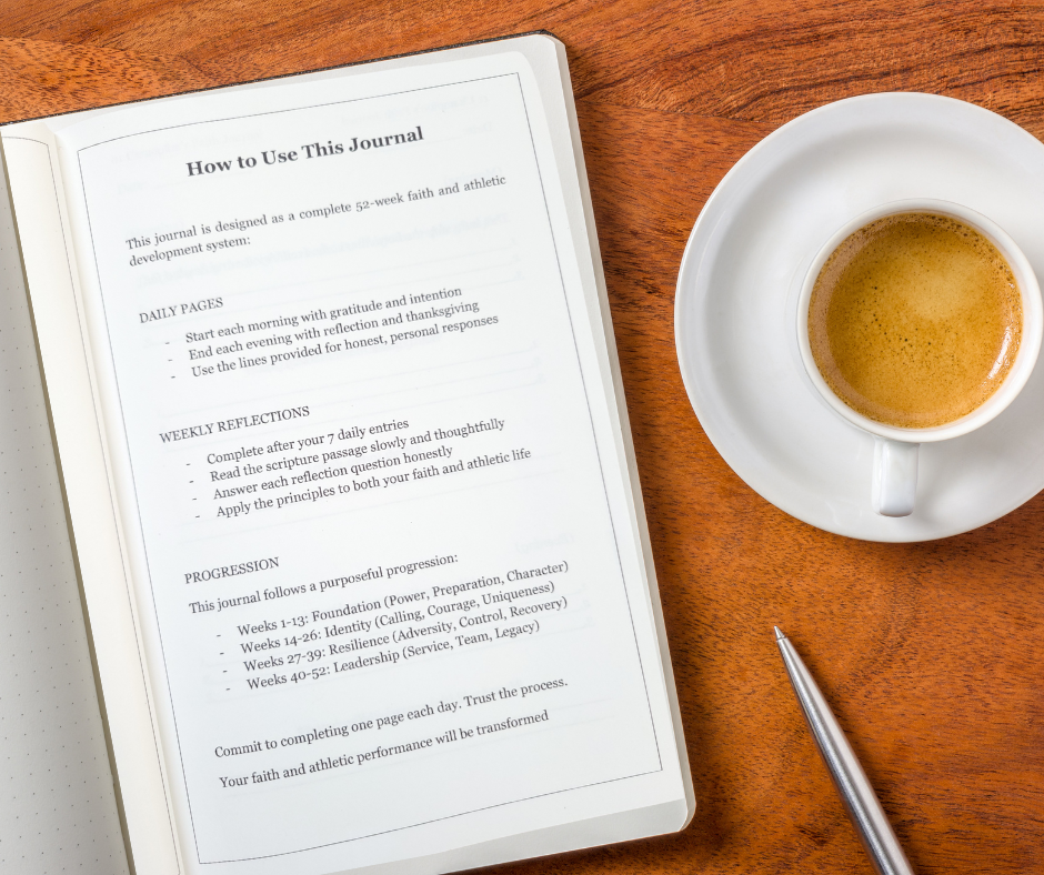 Journal with instructions on a wooden table next to a cup of coffee